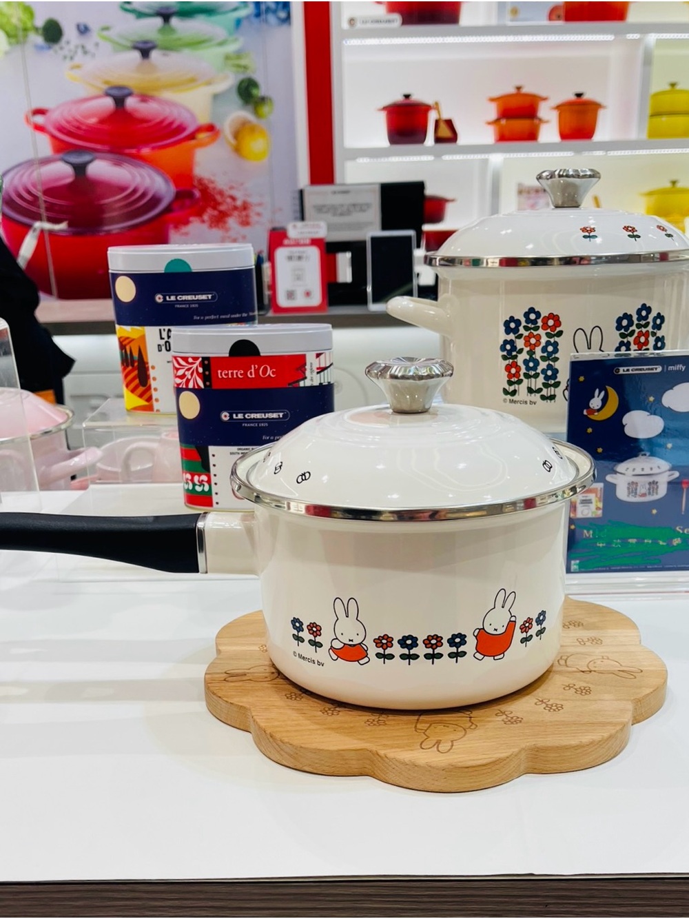 New Le Creuset White Enamel Miffy Saucepan with Orange Accents with original box